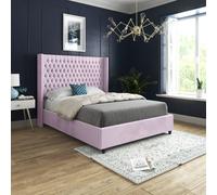 Volta Straight Winged Upholstered Soft Velvet Pink Bed Frame