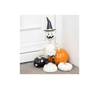 KDMD White Metal Pumpkin Man Ornament with Witch Hat - Halloween Decor KDMD White