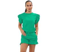 KDMD Women's Frill Peplum Sleeve Top & Short 2 Piece Tracksuit Set in Jade | Size: XL KDMD Jade XL