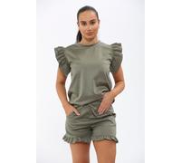 KDMD Women's Frill Peplum Sleeve Top & Short 2 Piece Tracksuit Set in Khaki | Size: Medium/Large KDMD Khaki M/L