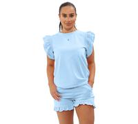 KDMD Women's Frill Peplum Sleeve Top & Short 2 Piece Tracksuit Set in Light Blue | Size: XL KDMD Light Blue XL