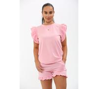 KDMD Women's Frill Peplum Sleeve Top & Short 2 Piece Tracksuit Set in Pink | Size: XL KDMD Pink XL
