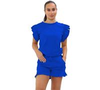 KDMD Women's Frill Peplum Sleeve Top & Short 2 Piece Tracksuit Set in Royal | Size: XL KDMD Royal XL