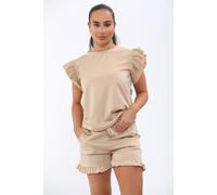 KDMD Women's Frill Peplum Sleeve Top & Short 2 Piece Tracksuit Set in Stone | Size: XL KDMD Stone XL