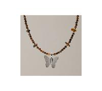 KDMD Women's Nymph Tiger's Eye Gemstone Necklace Real Leaf Silver Butterfly Pendant in Brown KDMD Brown One Size