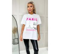 KDMD Women's Oversized Paris Slogan Short Sleeves T-Shirt Top in White | Size: Large/XL KDMD White L/XL