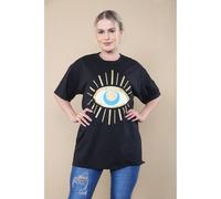 KDMD Women's Oversized Sequin Eye Printed Short Sleeves T-Shirt Top in Black | Size: Large/XL KDMD Black L/XL