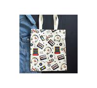 KDMD Women's Retro 80s Print Polycotton Tote Bag-Nostalgic Arcade & Cassette Design in White KDMD White