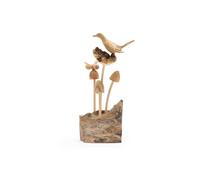 KDMD Wood Parasite Carving Bird Bee Above Mushroom Scene in Brown KDMD Brown