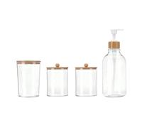 Kdouehg 4pcs Bamboo Bathroom Accessories Set - Rustic Boho Decor, Soap Dispenser, Toothbrush Holder, 2 Cotton Swab Holder Jars