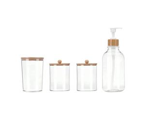 Kdouehg 4pcs Bamboo Bathroom Accessories Set - Rustic Boho Decor, Soap Dispenser, Toothbrush Holder, 2 Cotton Swab Holder Jars