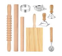 Kdouehg 9Pcs Pasta Making Tools Set, Wooden Rolling Pin, Gnocchi Board, Ravioli Stamp Maker Cutter, Pastry Cutter Wheel