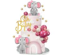 KDPATFAV 38 PCS Pink Elephant & Star Cake Toppers, 38 Count, Pink, Red, White, Foam, Latex, 5 Inch, Birthday, Baby Shower
