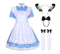 KDVOG 5Pcs Anime French Maid Apron Lolita Fancy Dress Halloween Cosplay Costume With Bow Hair Band Headwear Stockings set(Blue,XXL)
