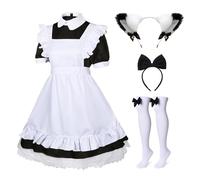 KDVOG 5Pcs Anime French Maid Apron Lolita Fancy Dress Halloween Cosplay Costume With Bow Hair Band Headwear Stockings set(Black,S)
