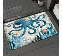 KDWJS Bath Mat,Soft and Comfortable,Super Water Absorption,Non-Slip,Machine Wash,Easier to Dry for Bathroom Floor Rug,Retro underwater map, blue octopus, surrounded by l elements and corals,16x24 in