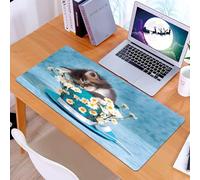 KDWJS Gaming Mouse Pad Mouse Mat - 35.5 x 16 in - XXL mousepad - Table mat large size - improved precision and speed - fluffy kitten lying in a blue cup decorated with daisies, creating a charming vi