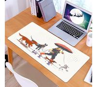 KDWJS Gaming Mouse Pad Mouse Mat - 35.5 x 16 in - XXL mousepad - Table mat large size - improved precision and speed - man in a rain gear with an umbrella leading various dogs through the wet street