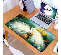 KDWJS Gaming Mouse Pad Mouse Mat - 35.5 x 16 in - XXL mousepad - Table mat large size - improved precision and speed - Peacock portrait, white peacock with complex feather pattern leaning against lus