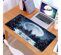 KDWJS Gaming Mouse Pad Mouse Mat - 35.5 x 16 in - XXL mousepad - Table mat large size - improved precision and speed - Winter night view, forest under the huge moon, with a blue bird on the bench
