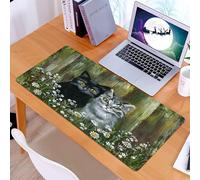 KDWJS Gaming Mouse Pad Mouse Mat - 35.5 x 16 in - XXL mousepad - Table mat large size - improved precision and speed - black and a gray cat sitting among daisies in a rustic painted landscape