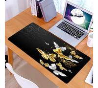 KDWJS Gaming Mouse Pad Mouse Mat - 35.5 x 16 in - XXL mousepad - Table mat large size - improved precision and speed - Art, a group of golden and white butterflies with complex wings on black, intric