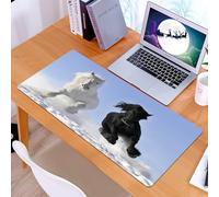 KDWJS Gaming Mouse Pad Mouse Mat - 35.5 x 16 in - XXL mousepad - Table mat large size - improved precision and speed - Animals, a white horse and a black horse running on the snow, leaning against th