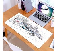 KDWJS Gaming Mouse Pad Mouse Mat - 35.5 x 16 in - XXL mousepad - Table mat large size - improved precision and speed - City sketch, a tram navigating the city street with cyclists and historic buildi