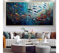 KDXAOBEI Abstract Blue Sea Fish Canvas Painting Art Graffiti Large Size Posters Print Modern Living Room Home Decoration Picture 60x130cm(22x51in) with-gold-frame