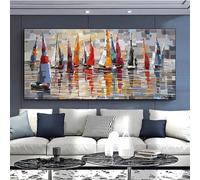KDXAOBEI Large Framed Wall Art Abstract Sailing Boat Painting On Canvas Artwork, Colored Sailing Boat Paintings Wall Decoration 80x160cm(31x63in) with black frame