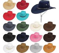 KDXBQ 16 Pcs Western Cowboy Hat Faux Felt Leather Wide Brim Hat Classic Outdoor Travel Cap with Strap for Men Women Cowgirl Costume