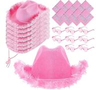 KDXBQ 8 Set Cowgirl Hats Paisley Bandana and Heart Glasses Fluffy Feather Boa Cowboy Hat for Women Birthday Halloween Costume Party