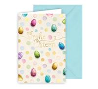 KE - Easter card, colored eggs, dots, with envelope, medium blue, theme: gold stamping (dots) and gold stamping text, format: B6