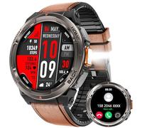 KE5 Military Smart Watch for Men with Flashlight SOS 3ATM Waterproof Watch 530mAh Big Battery 1.45" Rugged Tactical Smartwatch with Compass Elevation Barometer Fitness Watch for iPhone (Brown+OLight)