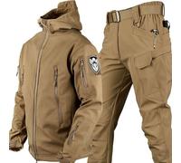 KEAAN Men Fishing Suits Winter Shark Skin Soft Shell Fleece Thick Mountaineering Camping Clothes Tactics Training Waterproof Set- Khaki||XL
