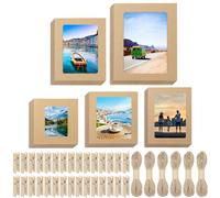 Keadic 105PCS Paper Picture Frames 5 Sizes Brown Cardboard Photo Frame with Wooden Clips and Strings Photo Display Banner for Home Office Wedding Party Decor