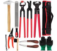 Keadic 10Pcs Farrier Hoof Tool Kit with Roll Pack Includes Horse Shoe Cutting Pliers, 4 in 1 File Rasp, Horseshoe Brush, Horse Hoof Trimmer, Hoof Hammer and Gloves for Cattle Sheep Horses Donkeys