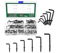 Keadic 120 Pcs Black Brass Plated Metal Screw-in Square Bend Hooks Kit, Square Bend Hooks Self-Tapping Screws Hooks, Photo Frame Right Angle Hook for Home, Office and Workplace(6 Sizes)