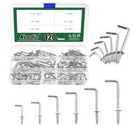 Keadic 120 Pcs Silver Brass Plated Metal Screw-in Square Bend Hooks Kit, Square Bend Hooks Self-Tapping Screws Hooks, L Type Photo Frame Right Angle Hook for Home, Office and Workplace（6 Sizes）