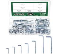 Keadic 125 Pcs Blue & White Brass Plated Metal Screw-in Square Bend Hooks Kit Without Padding, Self-Tapping Screws Hooks, L Type Photo Frame Right Angle Hook for Home, Office and Workplace（7 Sizes）
