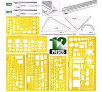 Keadic 12Pcs Geometric Drawings Templates, Geometry Ruler Plastic, Clear Shape Template Yellow Architect Scale Measuring Ruler Drafting Stencils Measuring Tools for Designing and Building