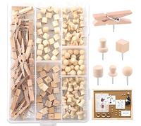Keadic 135 Pcs 6 Types Wood Push Pins, Walnut Push Pins for Cork Board, Wooden Head Pins Steel Point Thumb Tacks for Photos, Maps, and Bulletin Boards (Square, Ball, Hat, Clips, I-Shaped, Cylinder)
