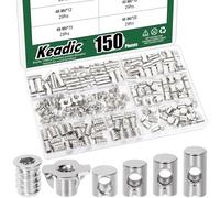 Keadic 150Pcs Threaded Inserts Nuts & 4-Pronged Tee Nut & Slotted Barrel Nuts, Hex Socket Drive Nut Inserts Four Claws T-Nuts Cross Dowels Slotted Nut Kit for Wood Furniture, Silver