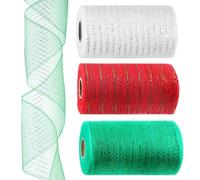 Keadic 3 Rolls 6 inch x 10 Yards Deco Metallic Mesh Ribbon Set, Green Red Silver Rainbow Tulle Craft Net Spools for DIY Christmas Valentine's Day Wreaths Party Decorations Wrapping
