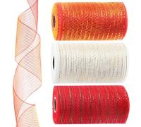 Keadic 3 Rolls 6 inch x 10 Yards Deco Metallic Mesh Ribbon Set, Orange Red White Rainbow Tulle Craft Net Spools for DIY Christmas Valentine's Day Wreaths Party Decorations Wrapping
