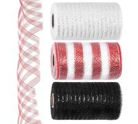 Keadic 3 Rolls 6 inch x 10 Yards Deco Metallic Mesh Ribbon Set, White Red Black Rainbow Tulle Craft Net Spools for DIY Christmas Valentine's Day Wreaths Party Decorations Wrapping
