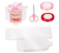 Keadic 33Pcs Clear Square Favor Boxes with Gift Ribbons, Scissors, Small Transparent Cube Plastic Packaging Treat Box for Macaron Candy Cupcake Wedding Party (Clear, (3x 3 inches)