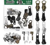 Keadic 39Pcs #5 Zipper Slider Replacement Kit Includes Metal Zipper, U Shape Top Stoppers, 4 Claws Zipper Slider Retainers, Zipper Latch Slider Retainer, Zippers Repair Kit for Bags Coats