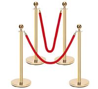 Keadic 4 Pcs Crowd Control Barriers Gold Stanchions and 5 Ft Red Velvet Rope Set, Stainless Steel Post with Sand Injection Hollow Base, Ball Top for Party Wedding Office Exhibition