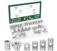 Keadic 60Pcs Threaded Inserts Nuts & 4-Pronged Tee Nut & Slotted Barrel Nuts, Hex Socket Drive Nut Inserts Four Claws T-Nuts Cross Dowels Slotted Nut Kit for Wood Furniture, Silver